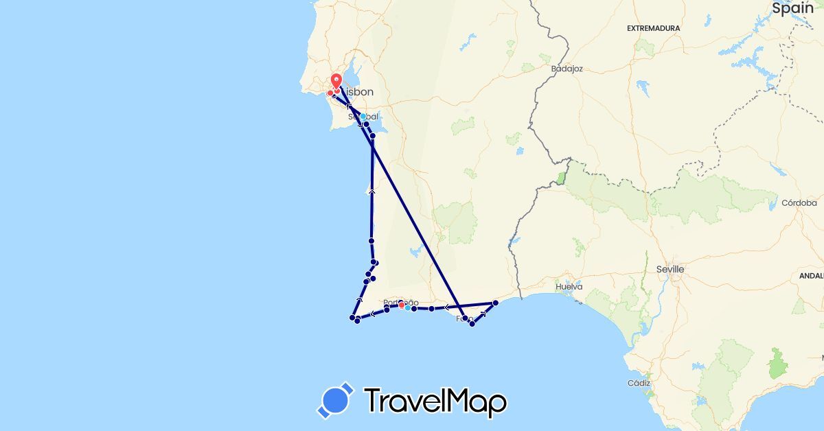 TravelMap itinerary: driving, bus, hiking, boat in Portugal (Europe)
